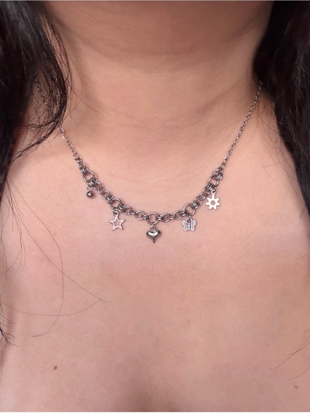 Dainty Silver Charm Necklace Stainless Steel Ball Star Heart
Butterfly Flower